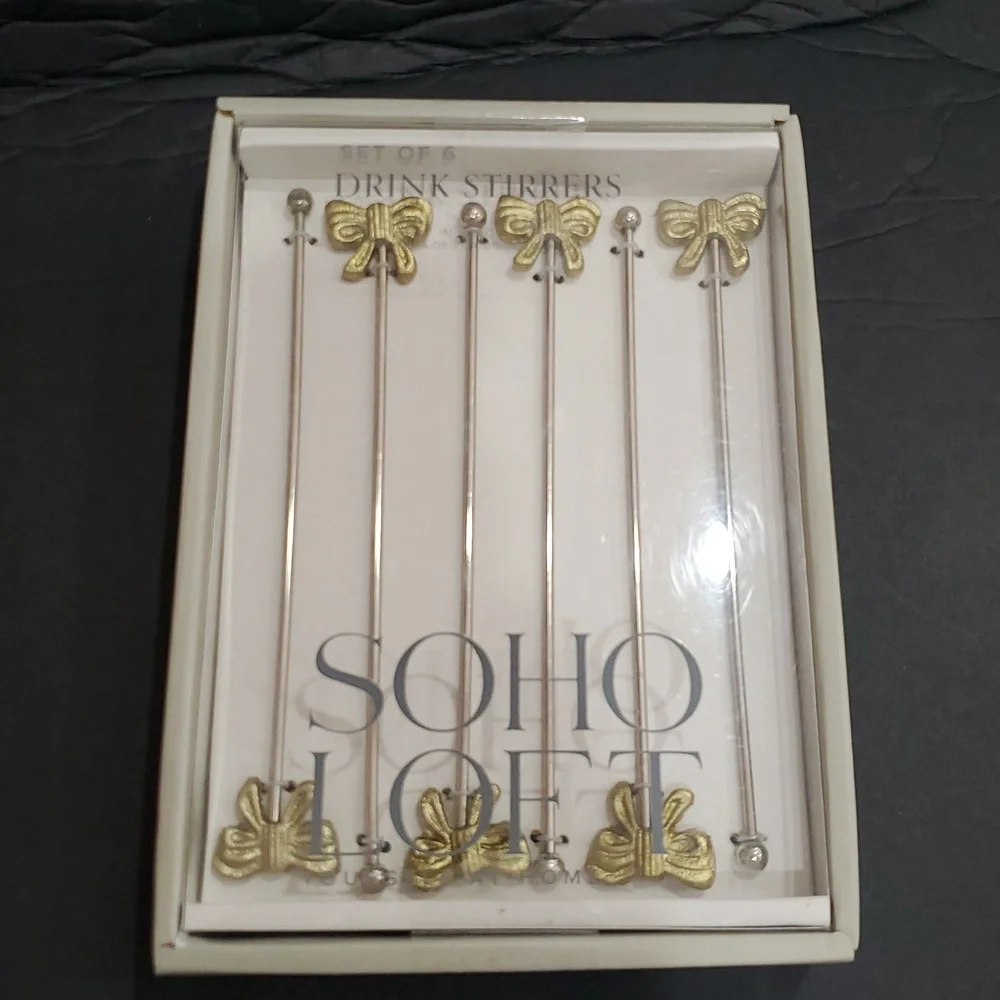 6pack‎ bow topped silver and gold plated cocktail mixed drink stirrers brand new